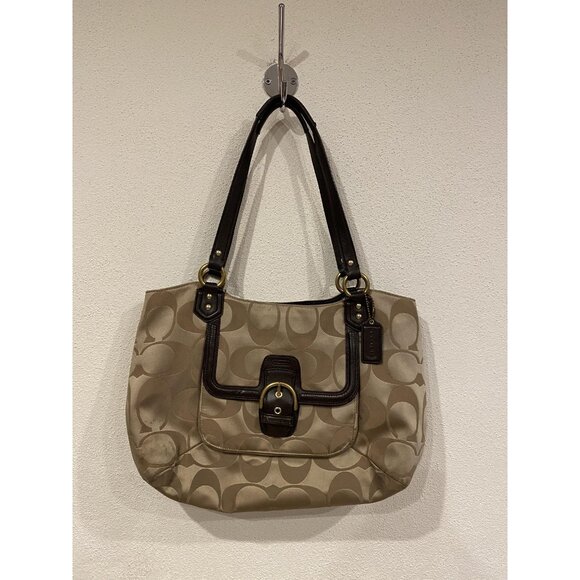 Coach Shoulder Bag Womens Medium Beige Signature Jacquard Leather Buckle Purse - Picture 2 of 6